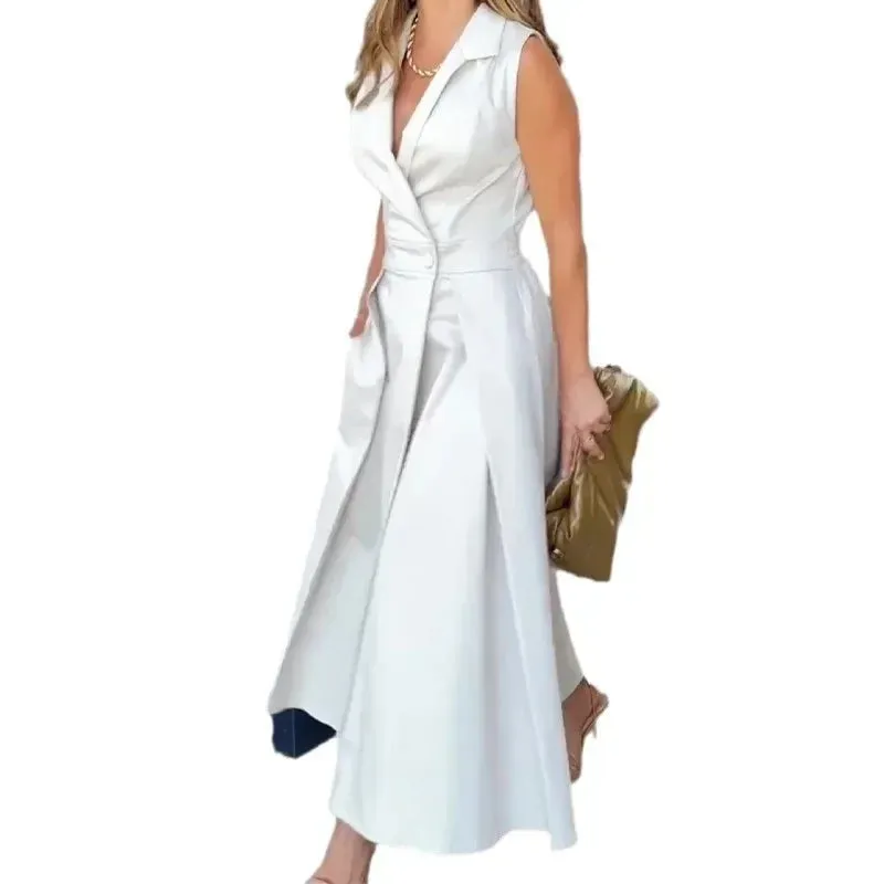 Flytonn-Women's Elegant V-Neck Sleeveless Belt Dress, Slim Version, Plus Size, Elegant Style, Summer, New, 2024