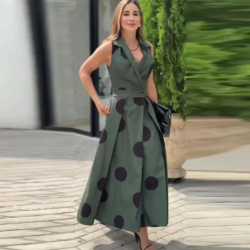 Flytonn-Women's Elegant V-Neck Sleeveless Belt Dress, Slim Version, Plus Size, Elegant Style, Summer, New, 2024