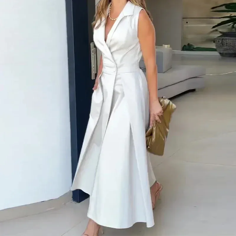 Flytonn-Women's Elegant V-Neck Sleeveless Belt Dress, Slim Version, Plus Size, Elegant Style, Summer, New, 2024
