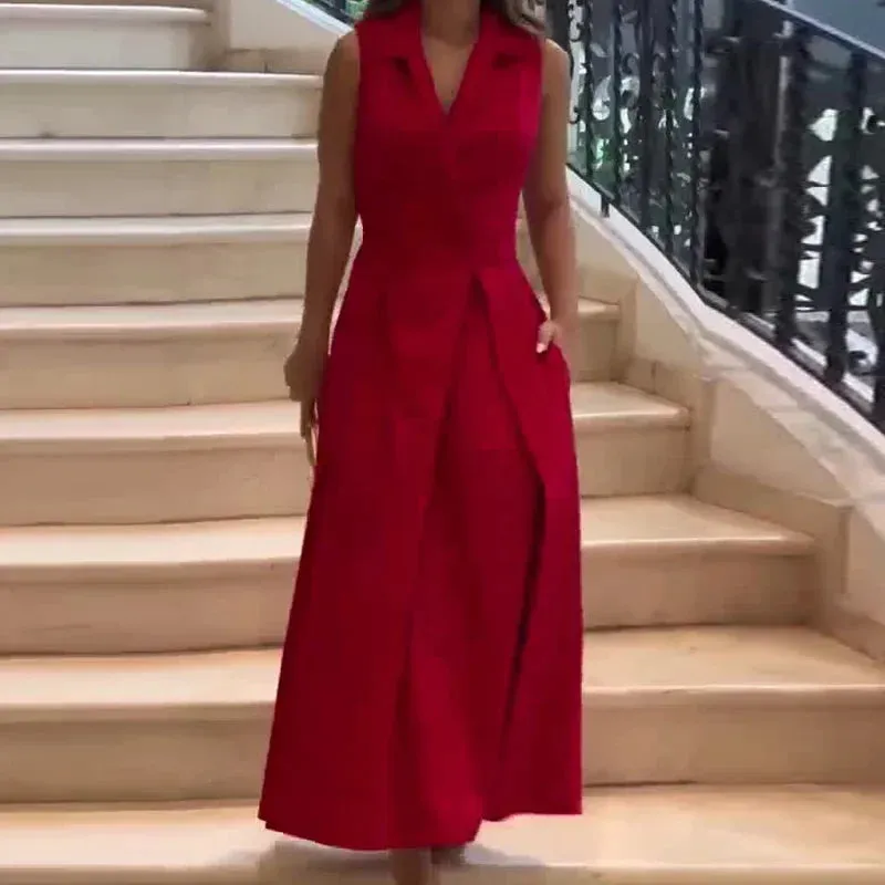 Flytonn-Women's Elegant V-Neck Sleeveless Belt Dress, Slim Version, Plus Size, Elegant Style, Summer, New, 2024