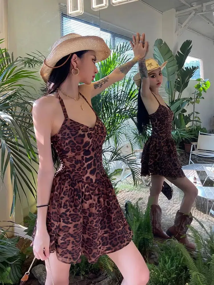 Girlary 2024 American Retro Elegant Chic Bohemian Leopard Dot Print Spaghetti Strap Dress For Women Summer Casual One-Piece Beach Frocks