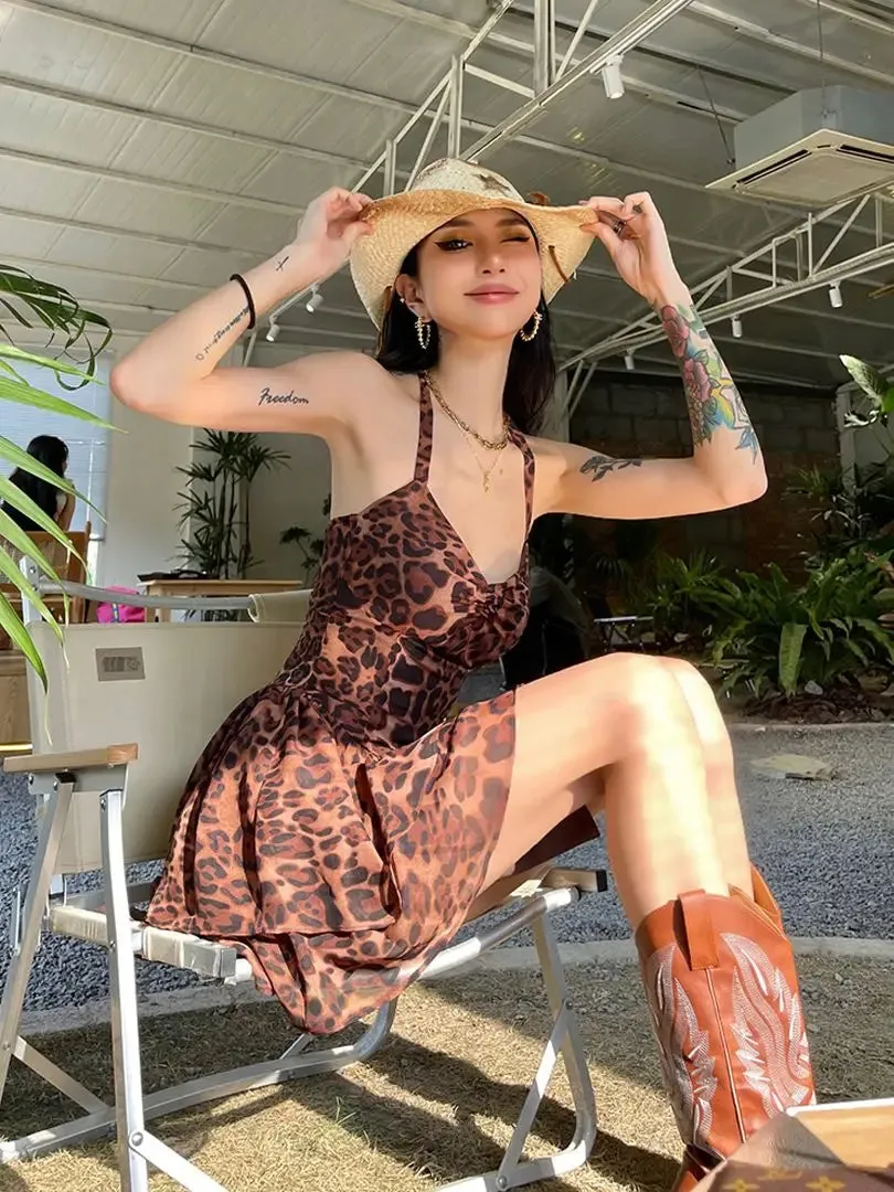 Girlary 2024 American Retro Elegant Chic Bohemian Leopard Dot Print Spaghetti Strap Dress For Women Summer Casual One-Piece Beach Frocks