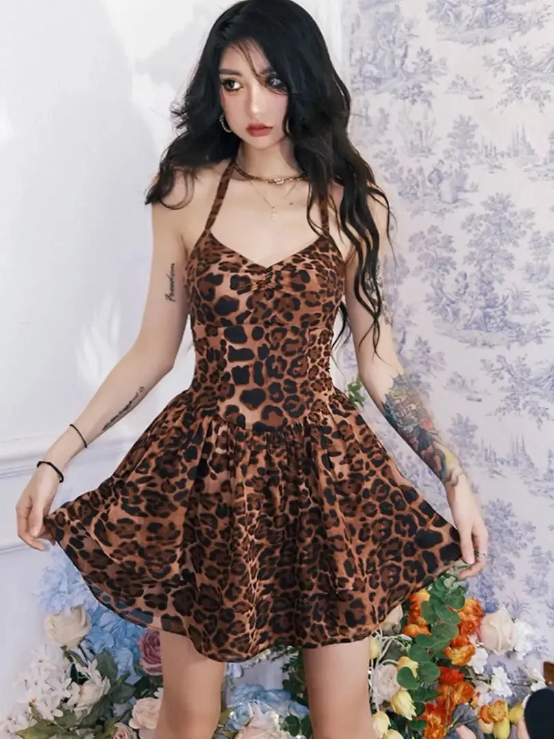 Girlary 2024 American Retro Elegant Chic Bohemian Leopard Dot Print Spaghetti Strap Dress For Women Summer Casual One-Piece Beach Frocks