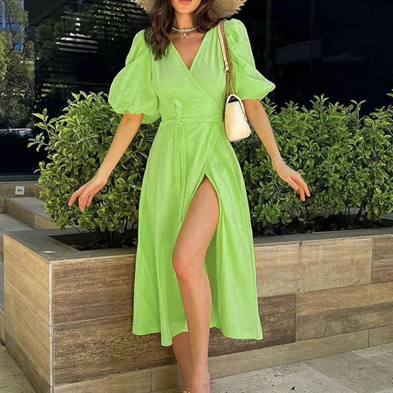 Girlary Elegant Casual High Waist Lace-up Dress Summer Solid Color V Neck Party Dress Women Puff Sleeve Cotton Linen Holiday Split Dress