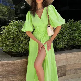 Girlary Elegant Casual High Waist Lace-up Dress Summer Solid Color V Neck Party Dress Women Puff Sleeve Cotton Linen Holiday Split Dress