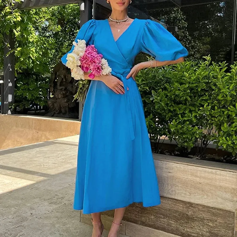 Girlary Elegant Casual High Waist Lace-up Dress Summer Solid Color V Neck Party Dress Women Puff Sleeve Cotton Linen Holiday Split Dress