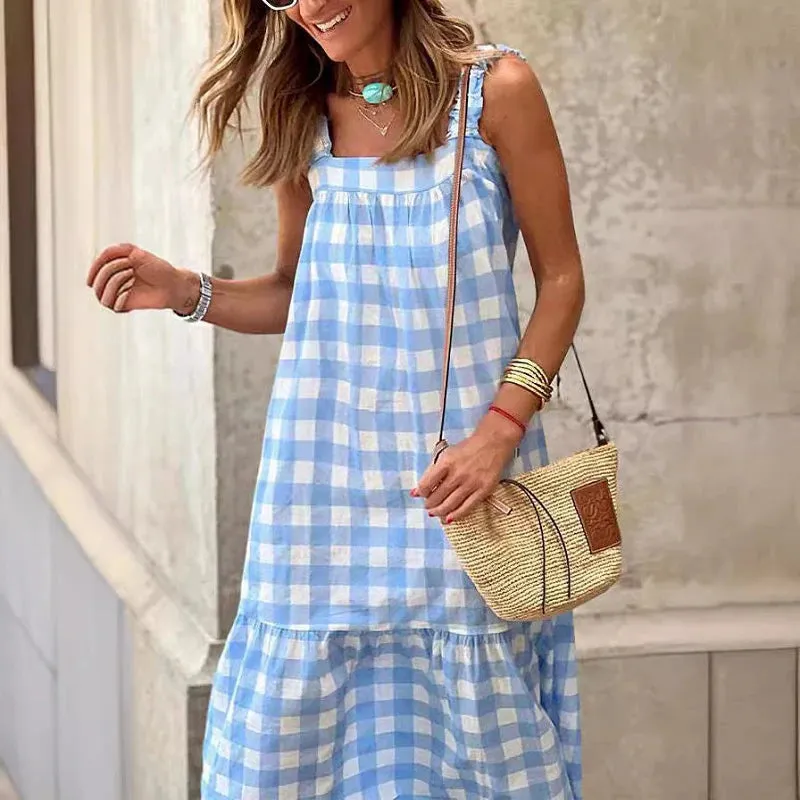 Girlary Fashion Off Shoulder Plaid Print High Street Dress Summer Square Neck Suspender Dress Women Sleeveless Draped Party Long Dresses