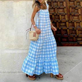 Girlary Fashion Off Shoulder Plaid Print High Street Dress Summer Square Neck Suspender Dress Women Sleeveless Draped Party Long Dresses
