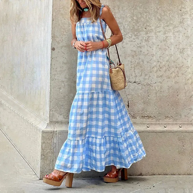 Girlary Fashion Off Shoulder Plaid Print High Street Dress Summer Square Neck Suspender Dress Women Sleeveless Draped Party Long Dresses