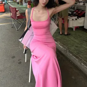 Girlary Purely Desired Sling Dress For Women Summer Solid Color Spicy Girl Slim Fit And Show Figure Holiday Large Hem Long Dress