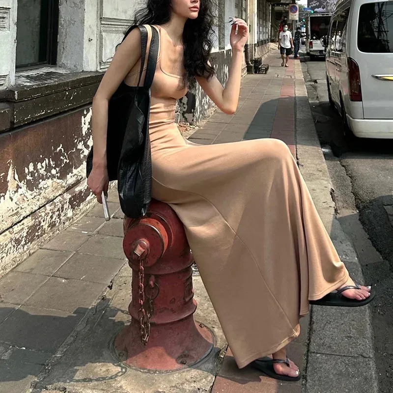 Girlary Purely Desired Sling Dress For Women Summer Solid Color Spicy Girl Slim Fit And Show Figure Holiday Large Hem Long Dress