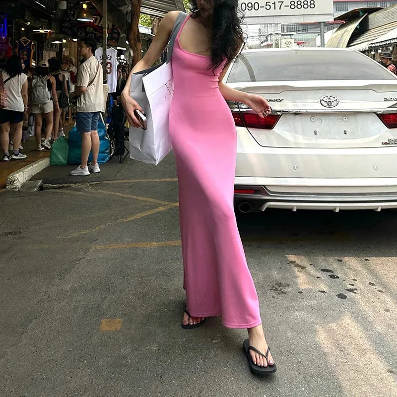 Girlary Purely Desired Sling Dress For Women Summer Solid Color Spicy Girl Slim Fit And Show Figure Holiday Large Hem Long Dress