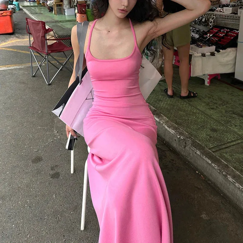 Girlary Purely Desired Sling Dress For Women Summer Solid Color Spicy Girl Slim Fit And Show Figure Holiday Large Hem Long Dress