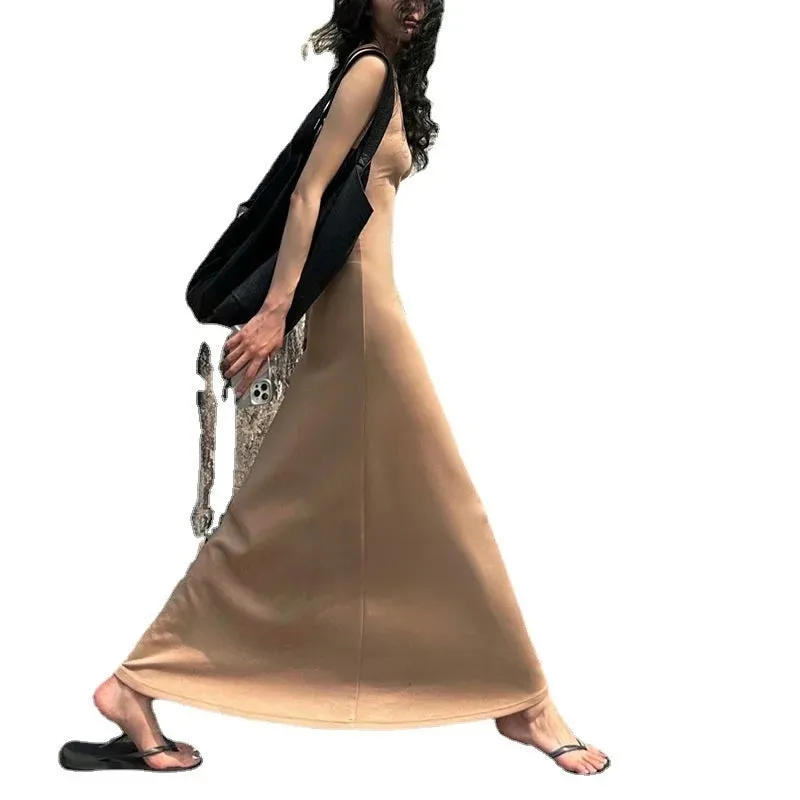 Girlary Purely Desired Sling Dress For Women Summer Solid Color Spicy Girl Slim Fit And Show Figure Holiday Large Hem Long Dress