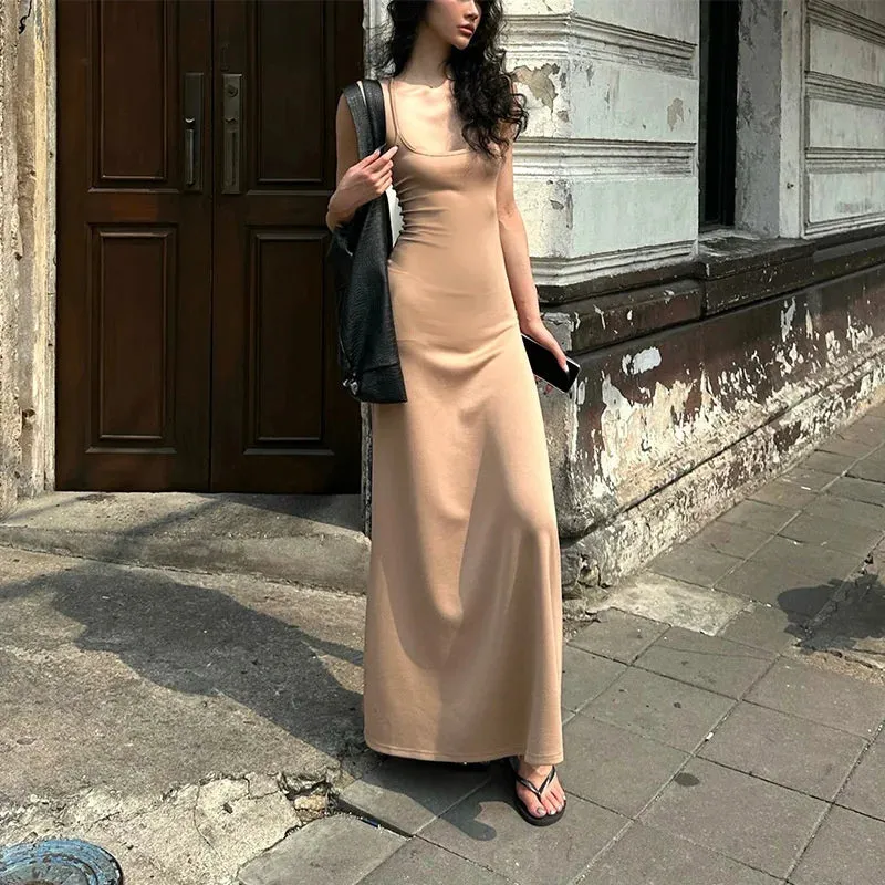 Girlary Purely Desired Sling Dress For Women Summer Solid Color Spicy Girl Slim Fit And Show Figure Holiday Large Hem Long Dress