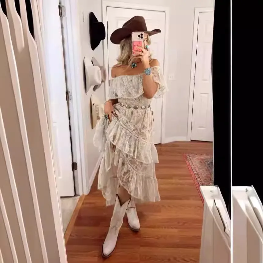 Girlary-shop western outfits women Bohemian Lace Dress White Beach Dress New Tube Top off-Shoulder Sexy Dress Women