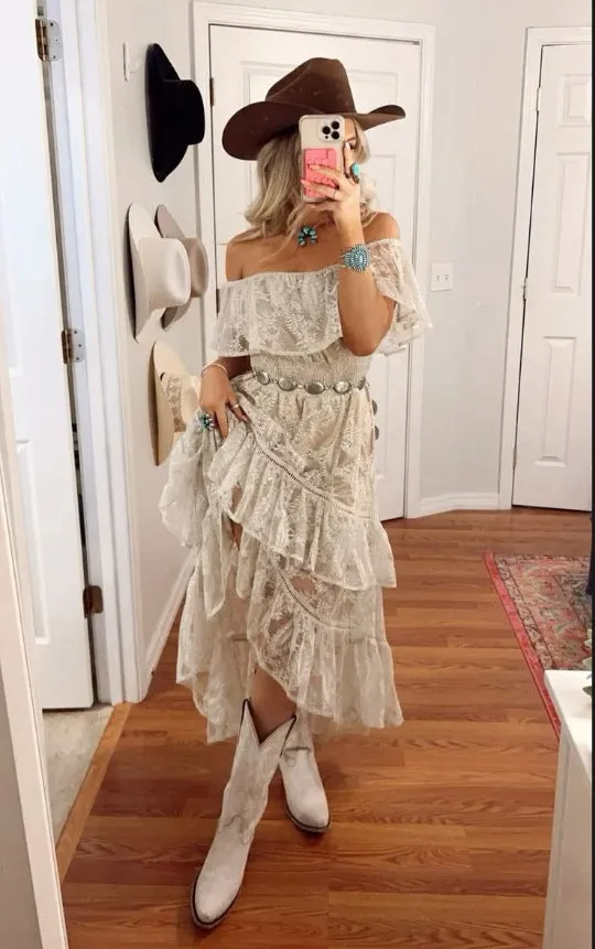 Girlary-shop western outfits women Bohemian Lace Dress White Beach Dress New Tube Top off-Shoulder Sexy Dress Women