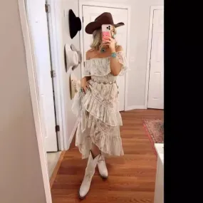 Girlary-shop western outfits women Bohemian Lace Dress White Beach Dress New Tube Top off-Shoulder Sexy Dress Women