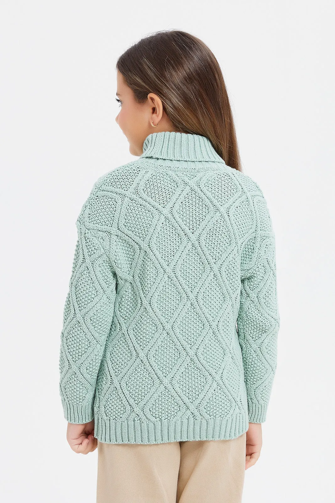 Girls Green Textured High Neck Pullover