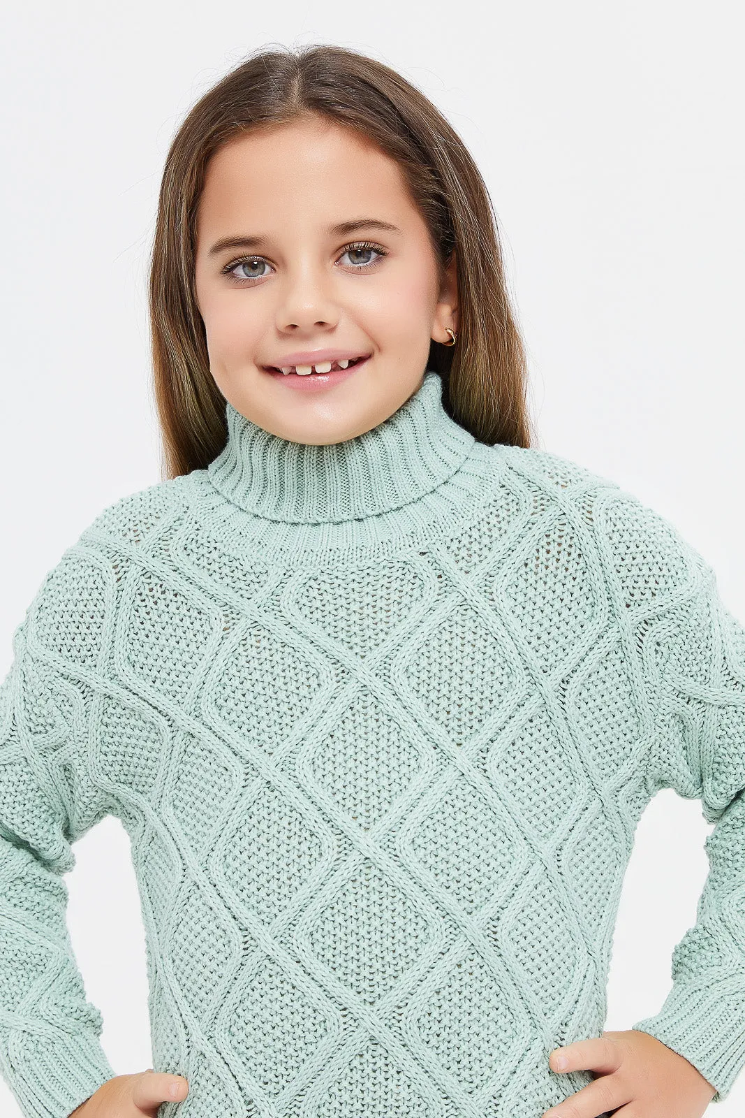 Girls Green Textured High Neck Pullover