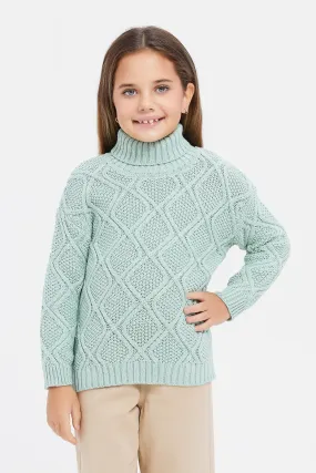 Girls Green Textured High Neck Pullover