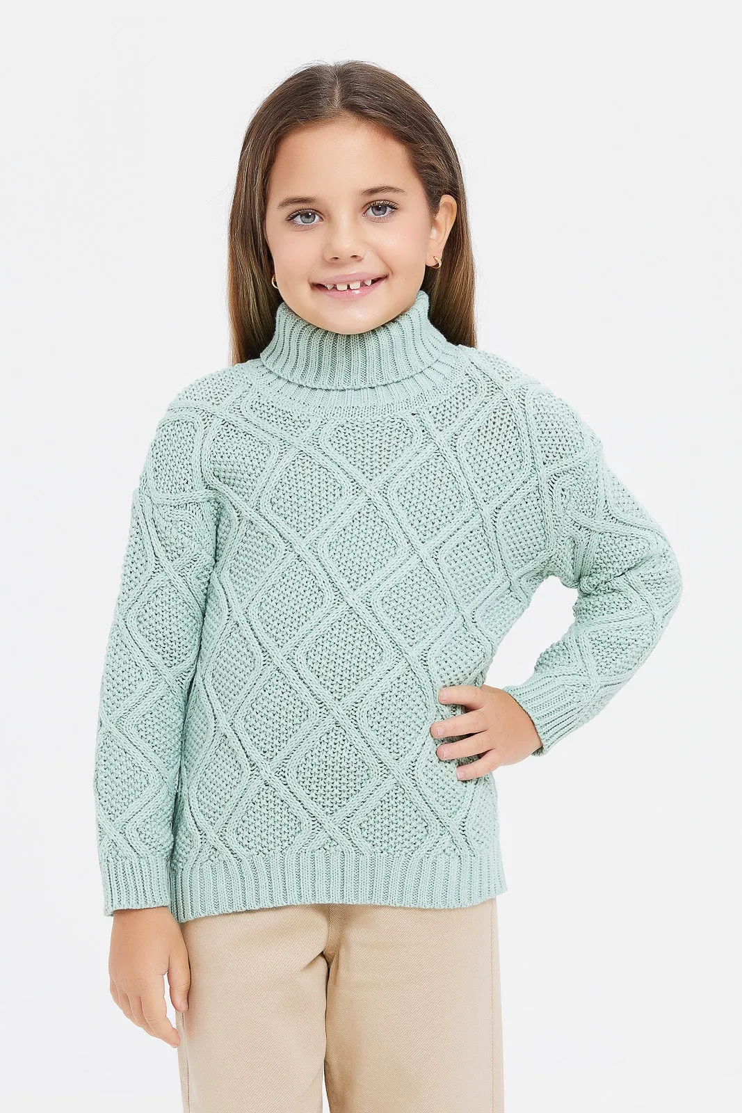 Girls Green Textured High Neck Pullover