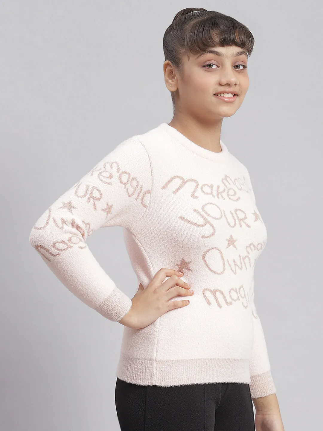 Girls Pink Printed Round Neck Full Sleeve Sweater