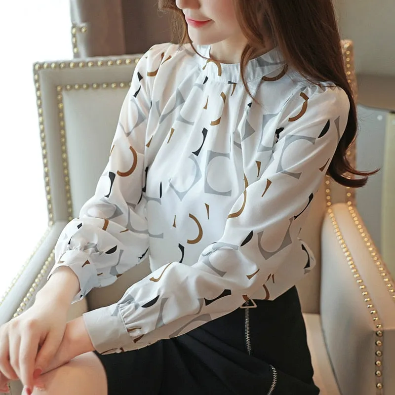 Graduation Gifts  Korean Fashion Clothing Casual Long Sleeve Chiffon Blouse Women Print O-neck Blouse white black autumn tops 6053 50