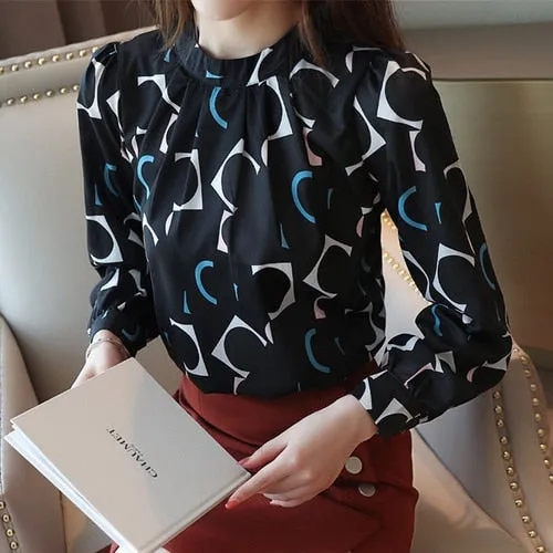 Graduation Gifts  Korean Fashion Clothing Casual Long Sleeve Chiffon Blouse Women Print O-neck Blouse white black autumn tops 6053 50