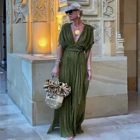 Green Bohemia Holiday Dress Women Elegant Solid Casual Loose Long Dresses Summer Sexy 2 Side Split Backless Beach Dress