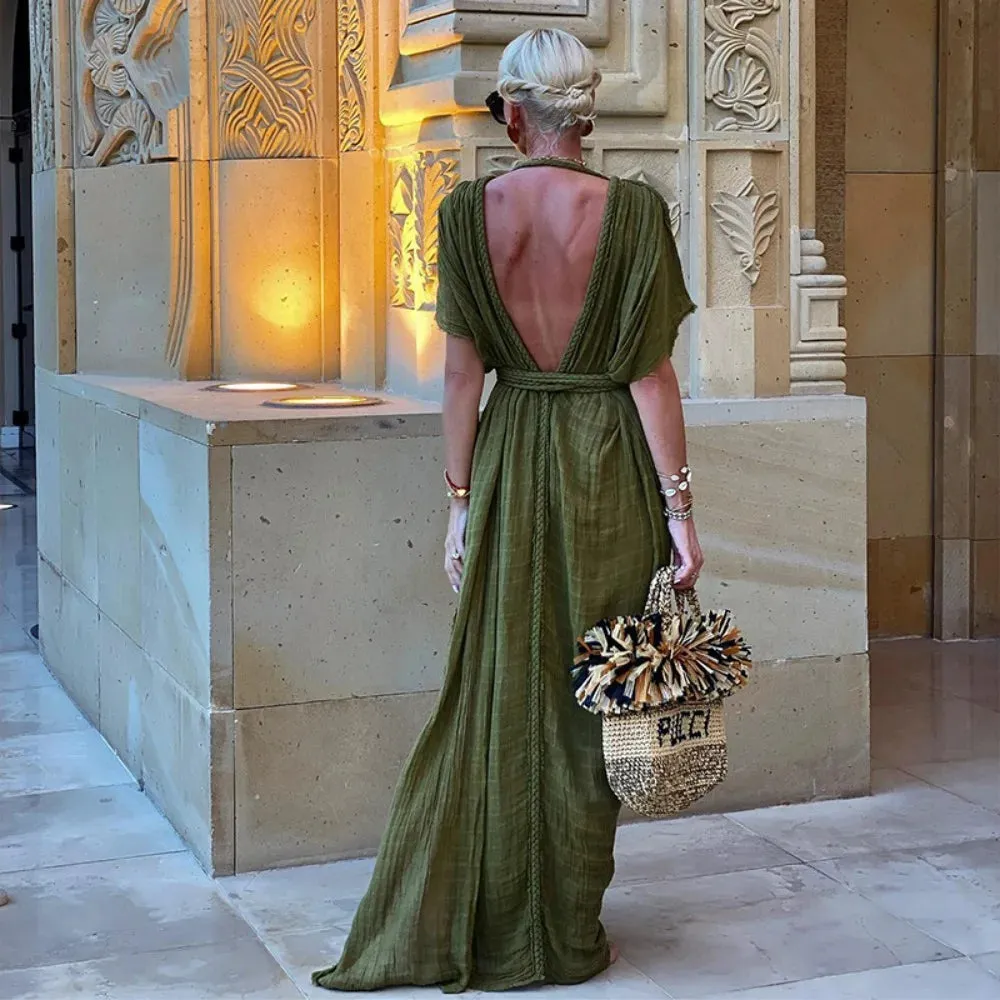 Green Bohemia Holiday Dress Women Elegant Solid Casual Loose Long Dresses Summer Sexy 2 Side Split Backless Beach Dress