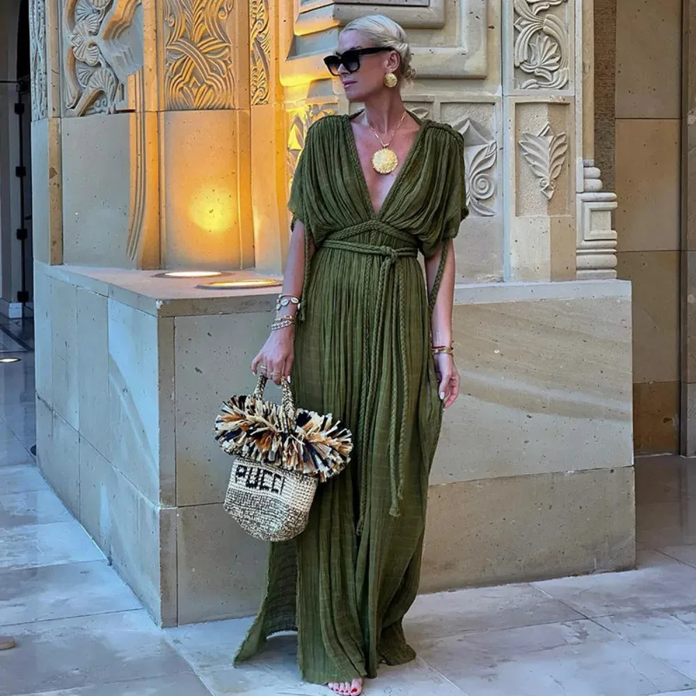 Green Bohemia Holiday Dress Women Elegant Solid Casual Loose Long Dresses Summer Sexy 2 Side Split Backless Beach Dress