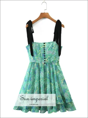 Green Floral Tie Cami Strap Mini Dress with back Lace Tie Ruffle Hem and Buttons detail