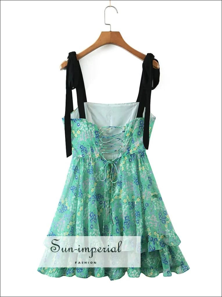 Green Floral Tie Cami Strap Mini Dress with back Lace Tie Ruffle Hem and Buttons detail