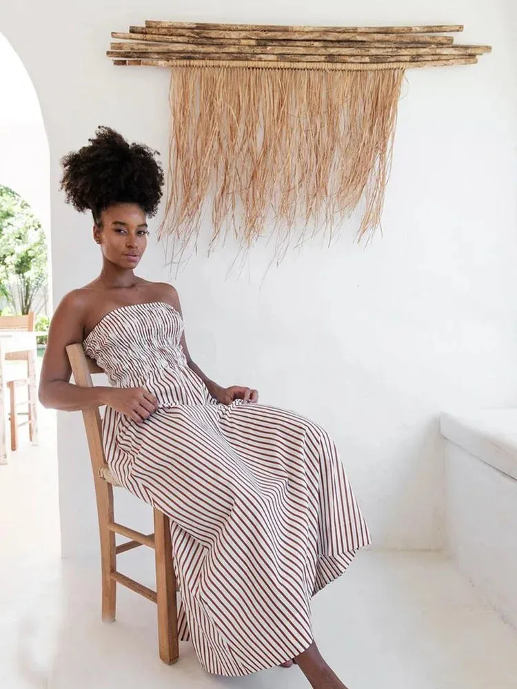 Green Striped Strapless Dress Women Elegant Casual Loose Long Beach Holiday Dresses Summer Fashion Folds Bohemia Outfits