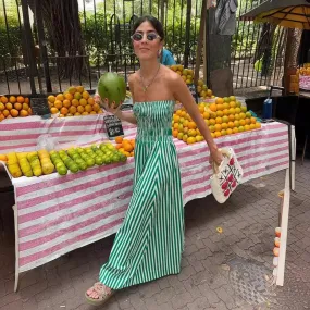 Green Striped Strapless Dress Women Elegant Casual Loose Long Beach Holiday Dresses Summer Fashion Folds Bohemia Outfits