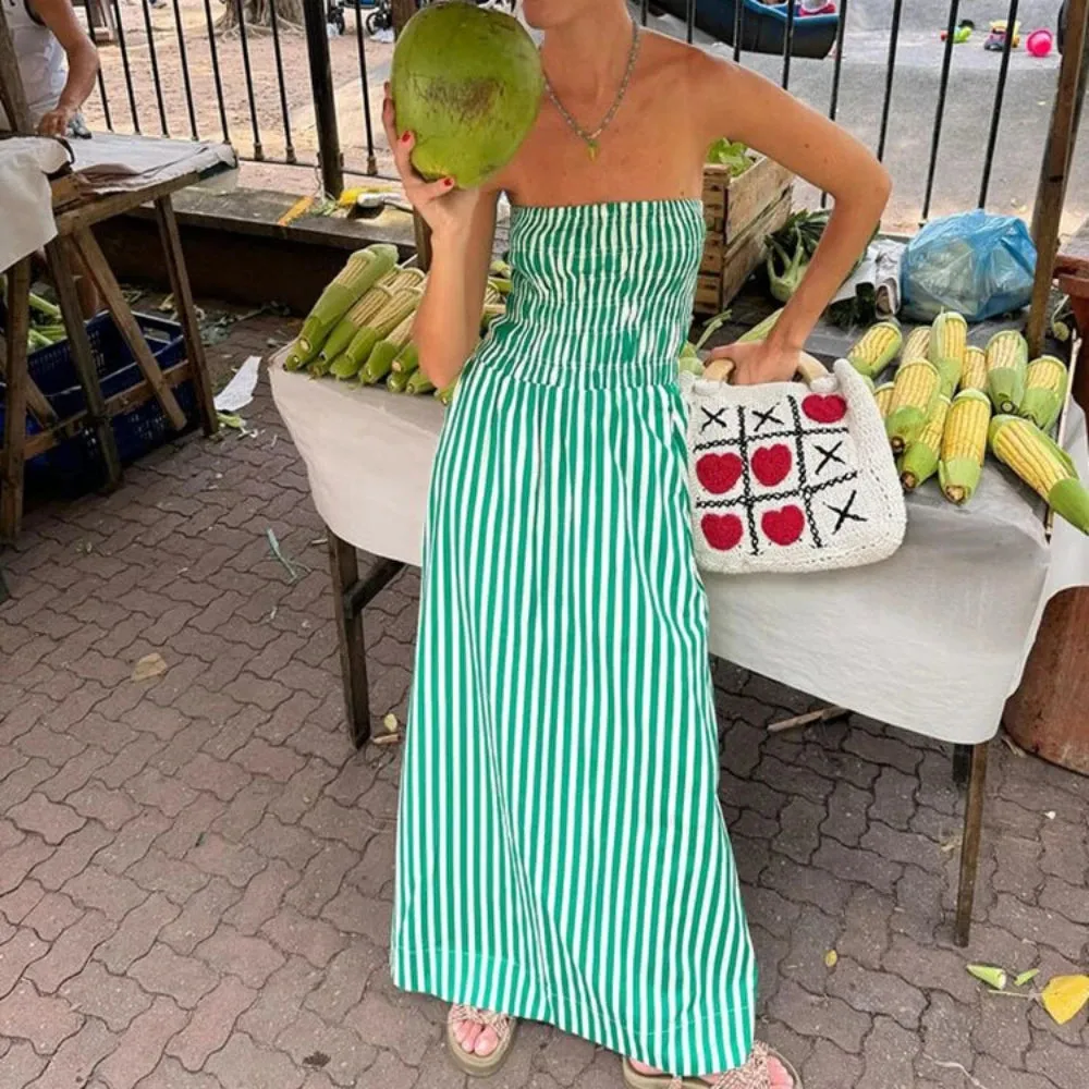 Green Striped Strapless Dress Women Elegant Casual Loose Long Beach Holiday Dresses Summer Fashion Folds Bohemia Outfits