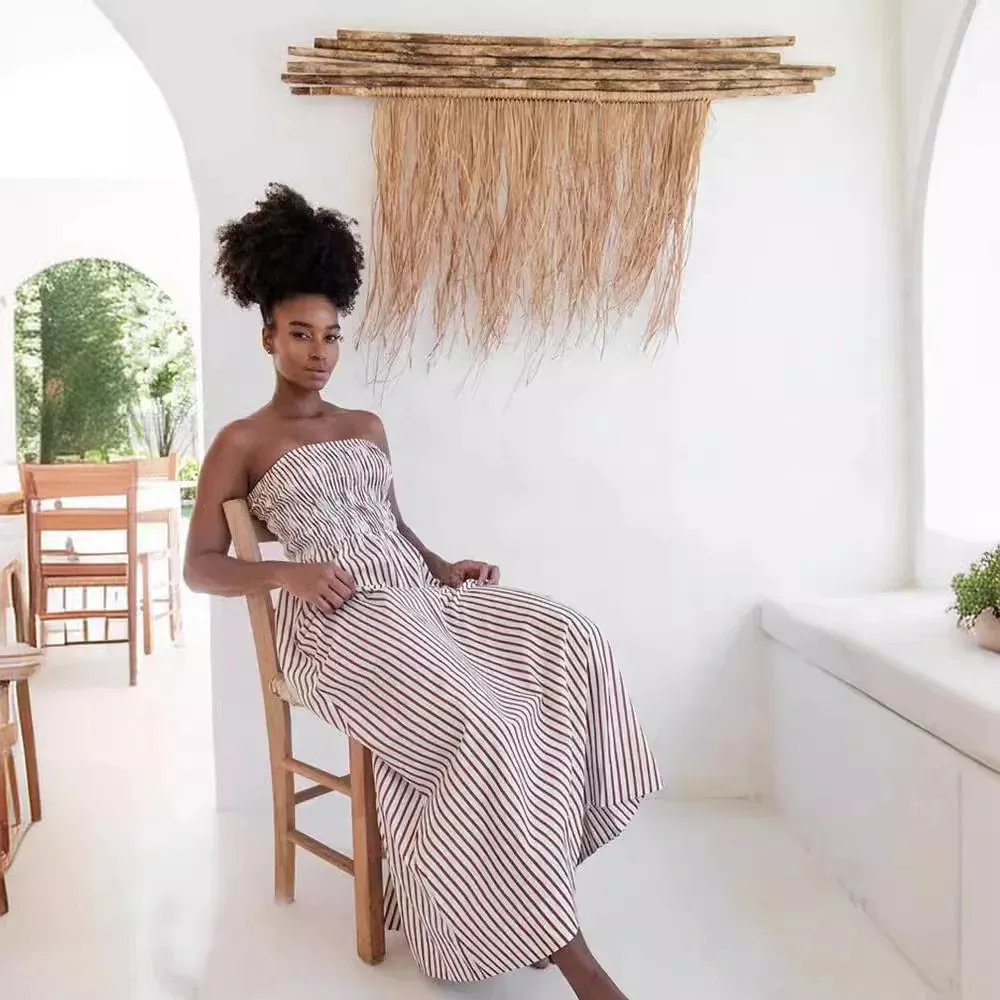 Green Striped Strapless Dress Women Elegant Casual Loose Long Beach Holiday Dresses Summer Fashion Folds Bohemia Outfits