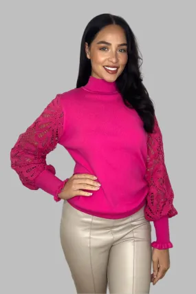 High Neck Crochet Lace Sleeves Pullover