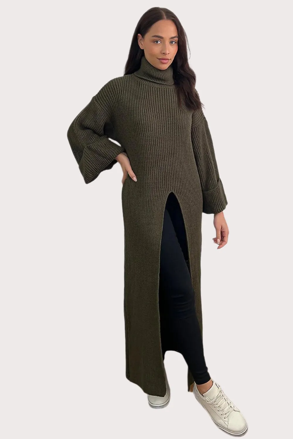 High Neck Front Split Maxi Pullover