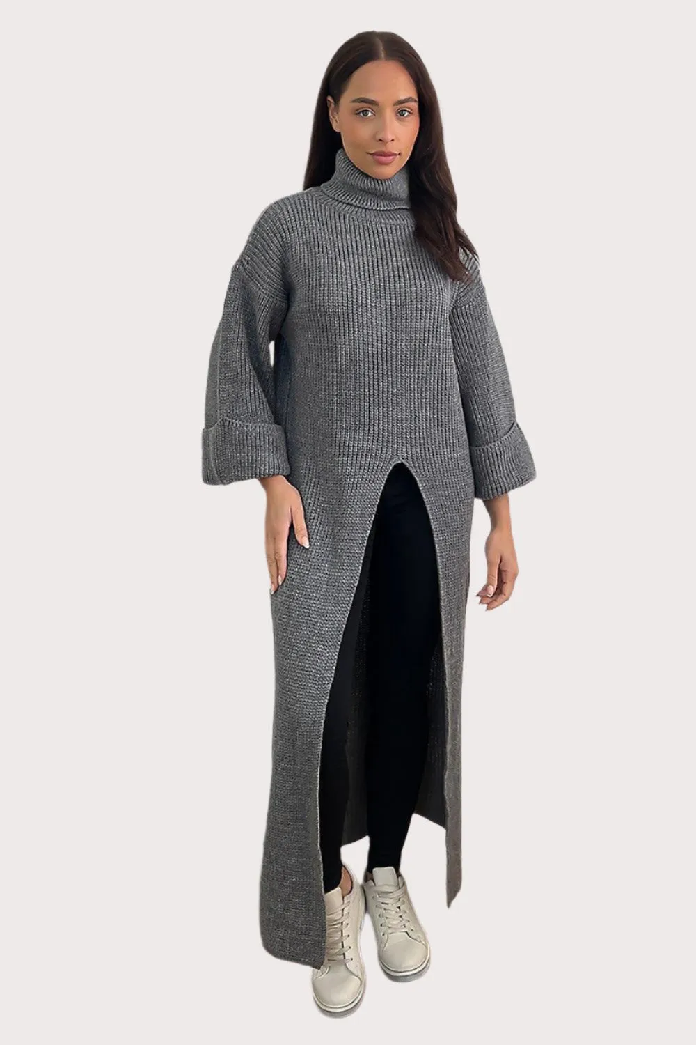 High Neck Front Split Maxi Pullover