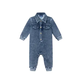 Infant Knit Shirt Romper | Blue Denim