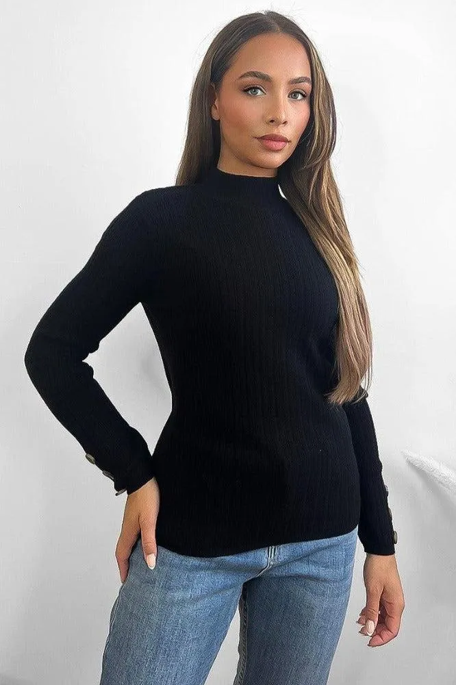 Jumbo Rib High Neck Button Details Pullover