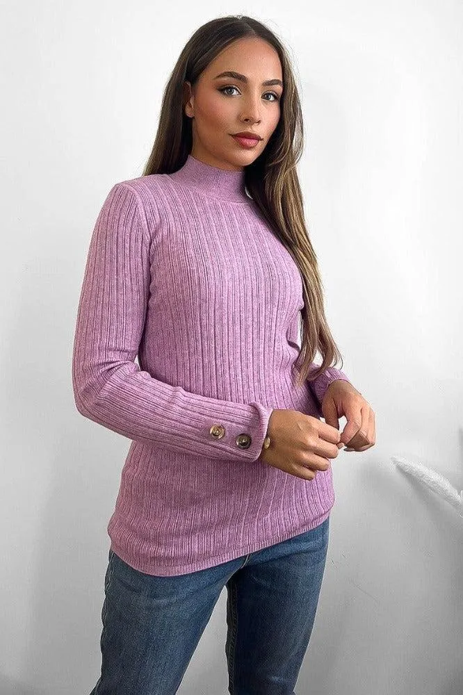 Jumbo Rib High Neck Button Details Pullover