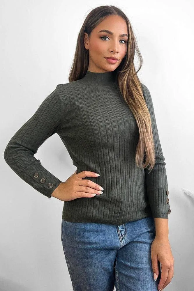 Jumbo Rib High Neck Button Details Pullover