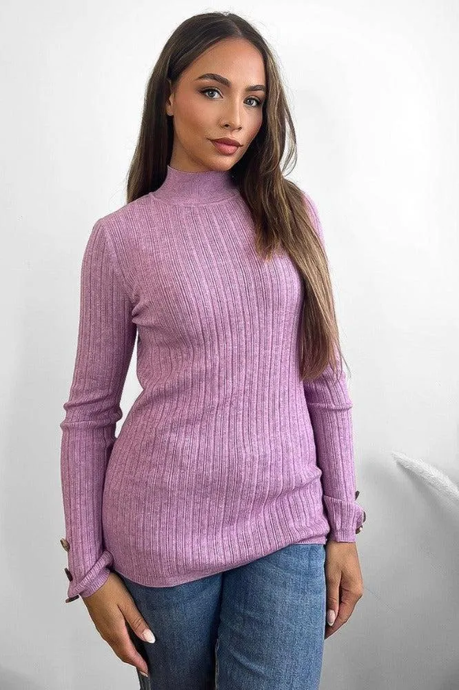 Jumbo Rib High Neck Button Details Pullover