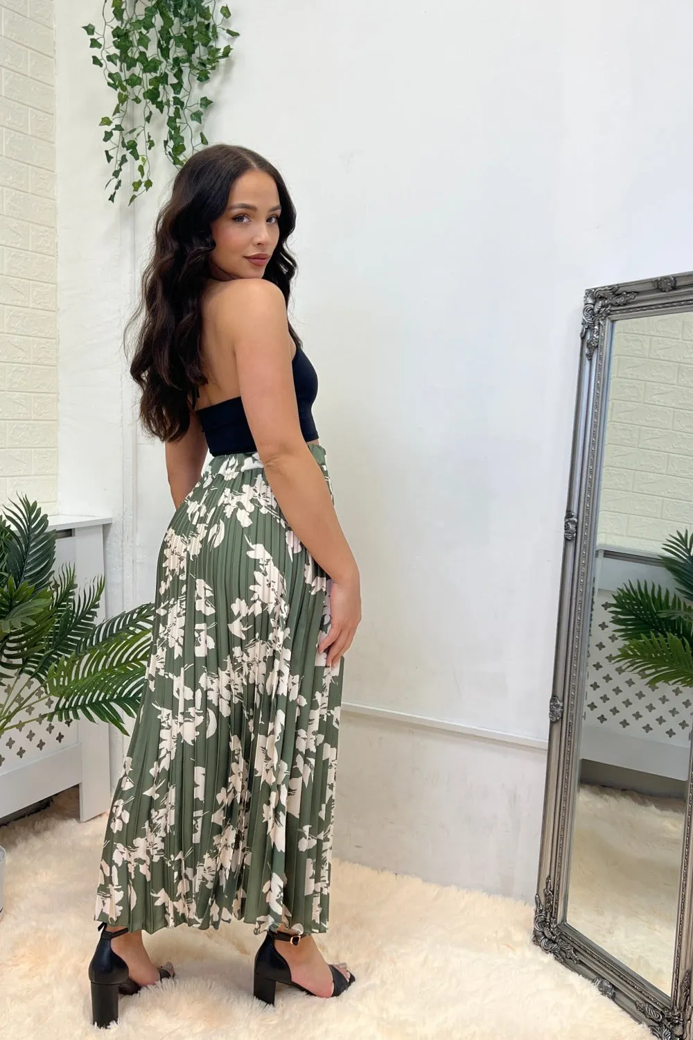 KHAKI FLORAL PLEATED MAXI SKIRT