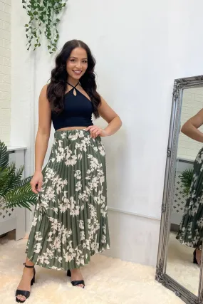 KHAKI FLORAL PLEATED MAXI SKIRT