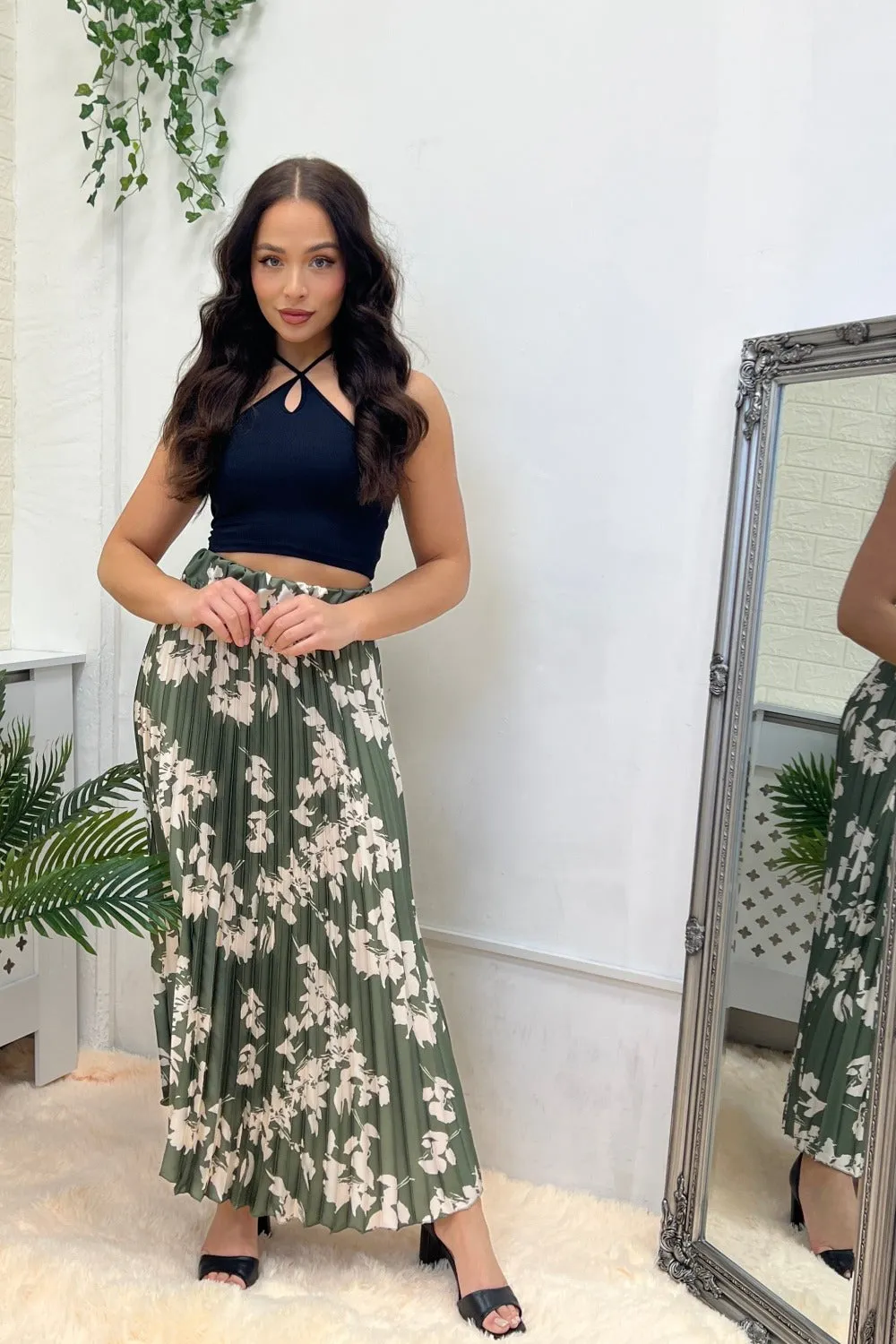 KHAKI FLORAL PLEATED MAXI SKIRT