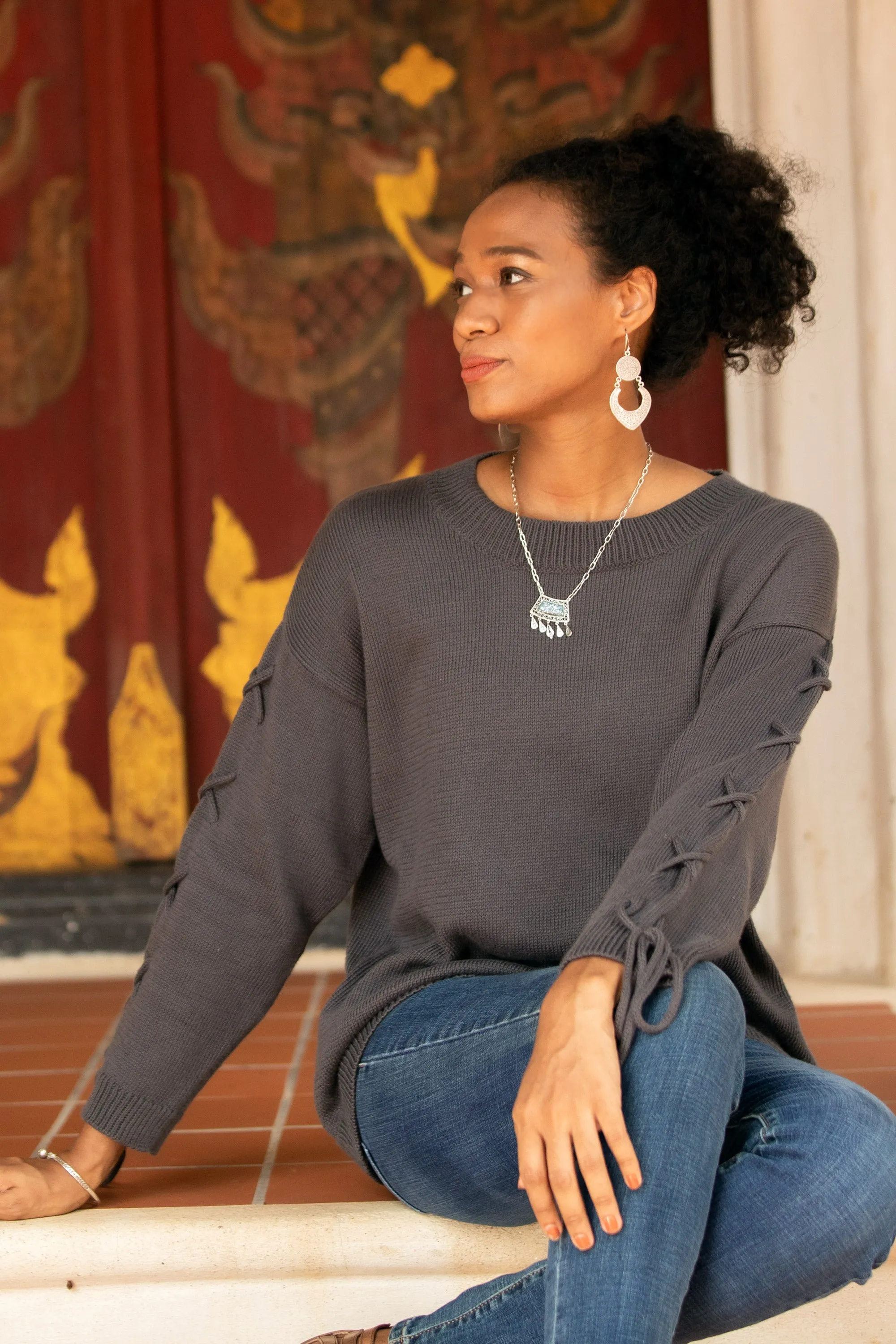 Knit Cotton Pullover in Flint from Thailand - Cool Cross in Flint | NOVICA